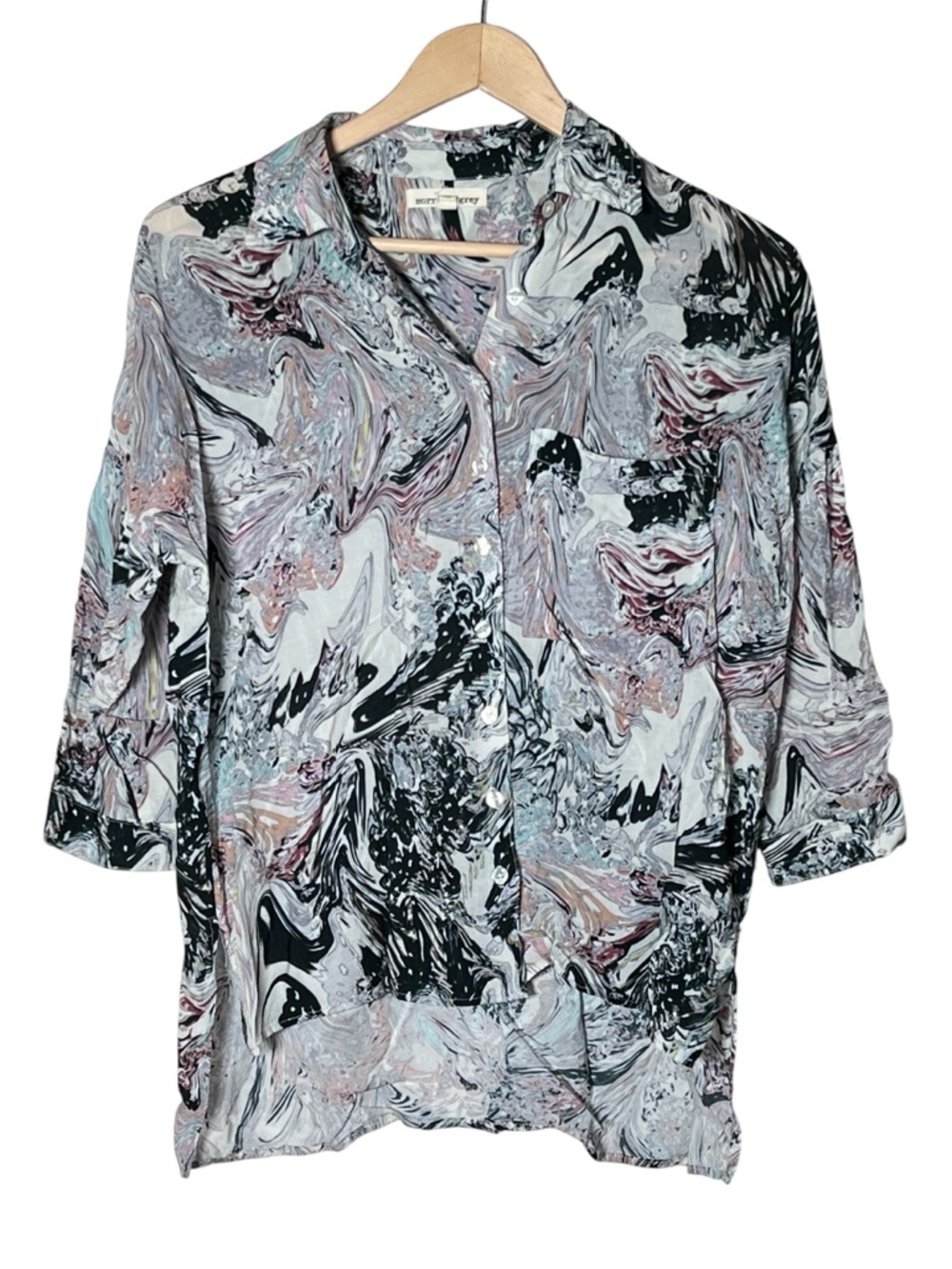 Morrison Grey Paisley print button down blouse top shirt size XS B148